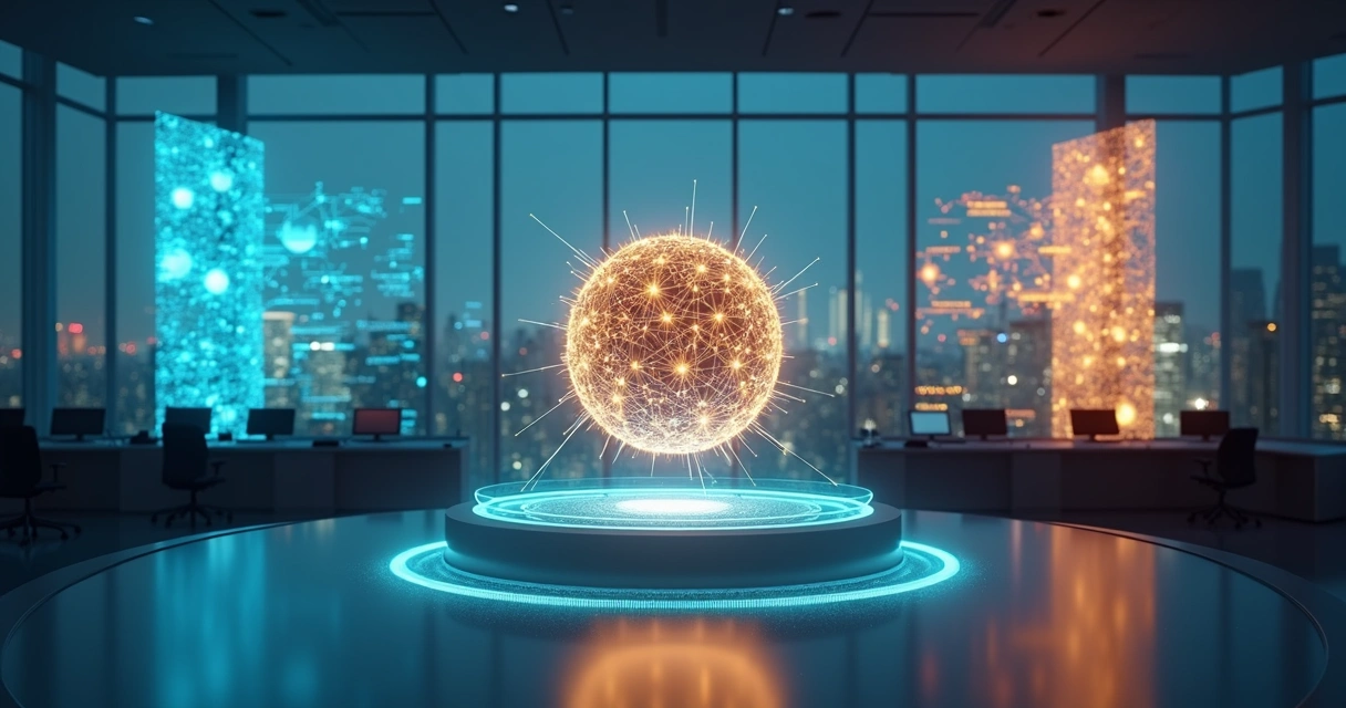 Três colunas de hologramas de sistemas CRM ERP e operações ligados a um núcleo central de IA