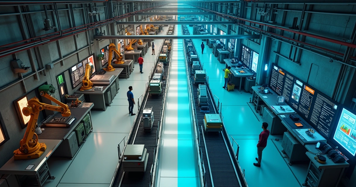 Linha de produção dividida entre automação antiga e automatização avançada com IA
