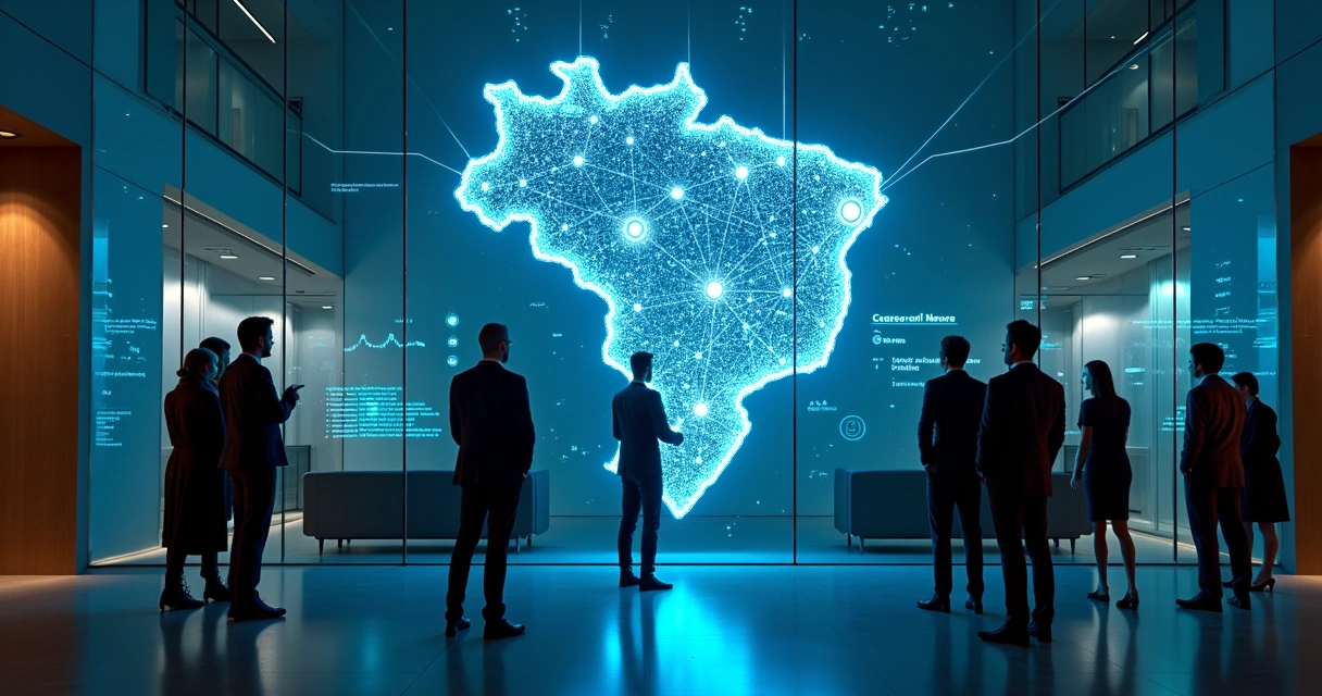 Mapa digital do Brasil com ícones de agentes de IA conectando empresas