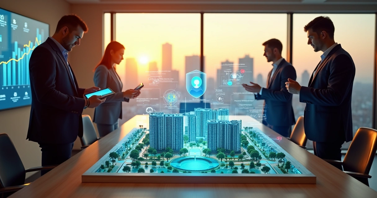 Equipe de incorporadora analisando maquete digital com agente de IA projetado em holograma