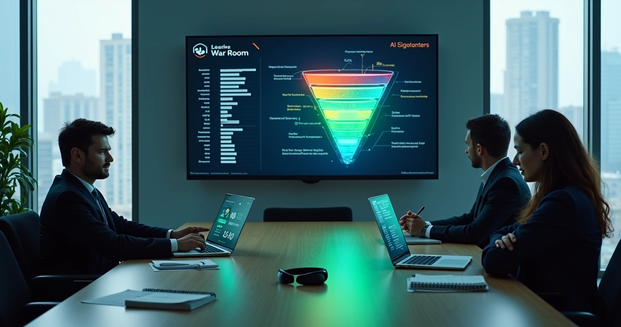 Dashboard com IA analisando lista de leads coloridos em escritório moderno