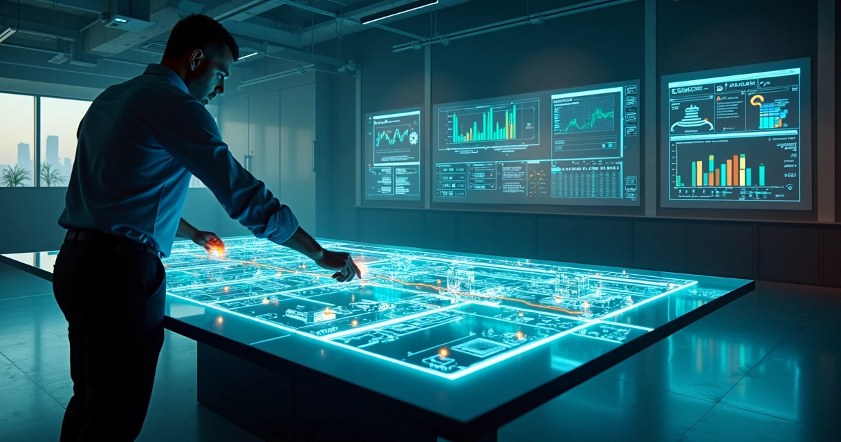 planta-baixa-fabrica-ia-custos-273.webp Gestor observa planta baixa digital com fluxos automatizados de processos