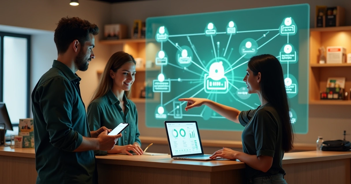Equipe de pequena empresa brasileira em loja com painel digital de automação com IA ao fundo