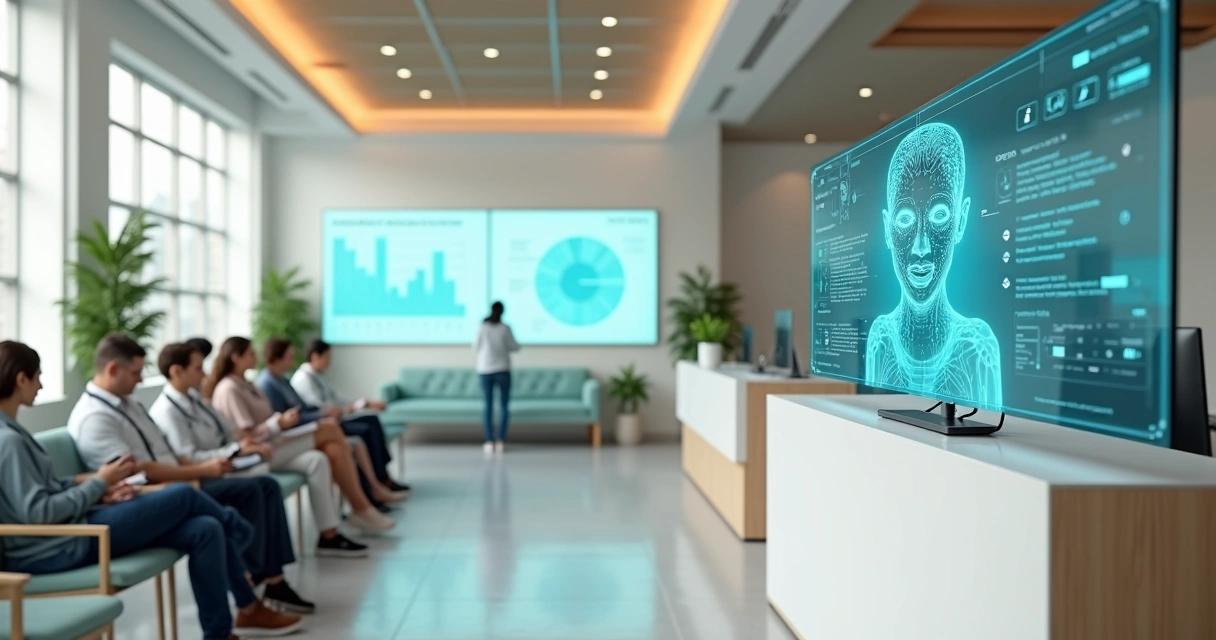 Recepção de clínica moderna com holograma de agente de IA auxiliando recepcionista