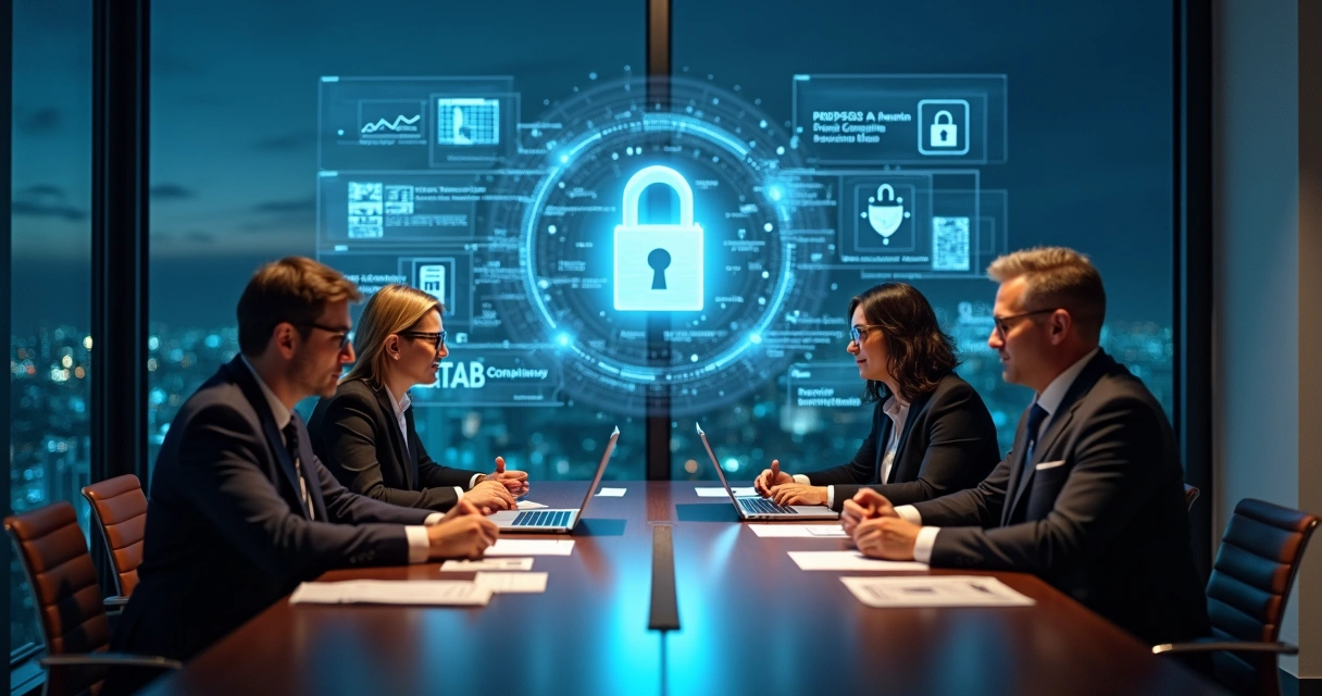 reuniao-consultoria-ia-privada-458.webp Executivos em reunião avaliando consultoria em IA privada com painel de dados confidenciais ao fundo