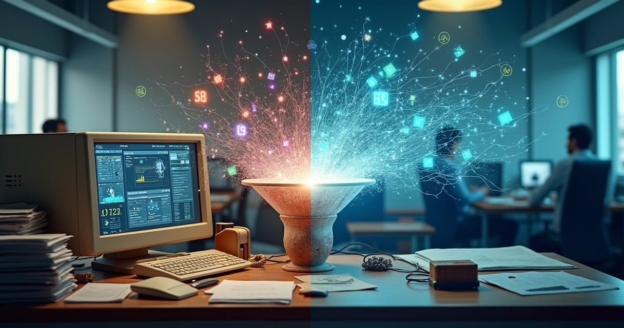Colagem mostrando automação empresarial desatualizada contrastando com soluções modernas