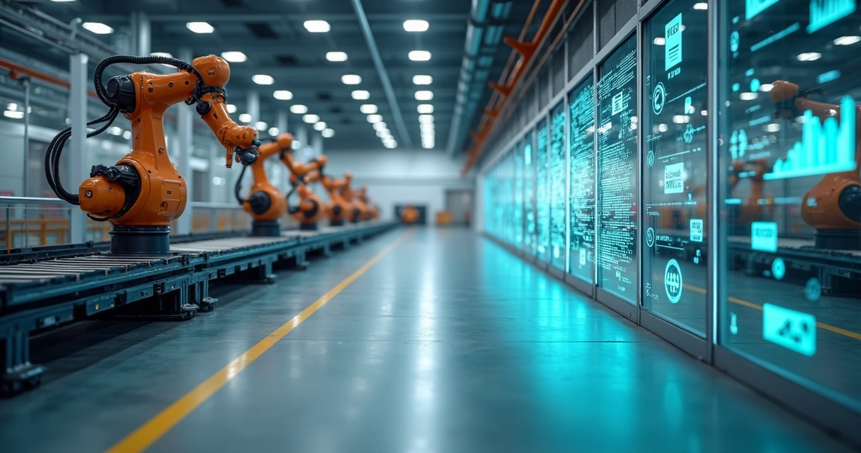 automacao-inteligente-lei-do-bem-382.webp Fluxo de dados em fábrica automatizada com IA conectada a símbolo de incentivo fiscal