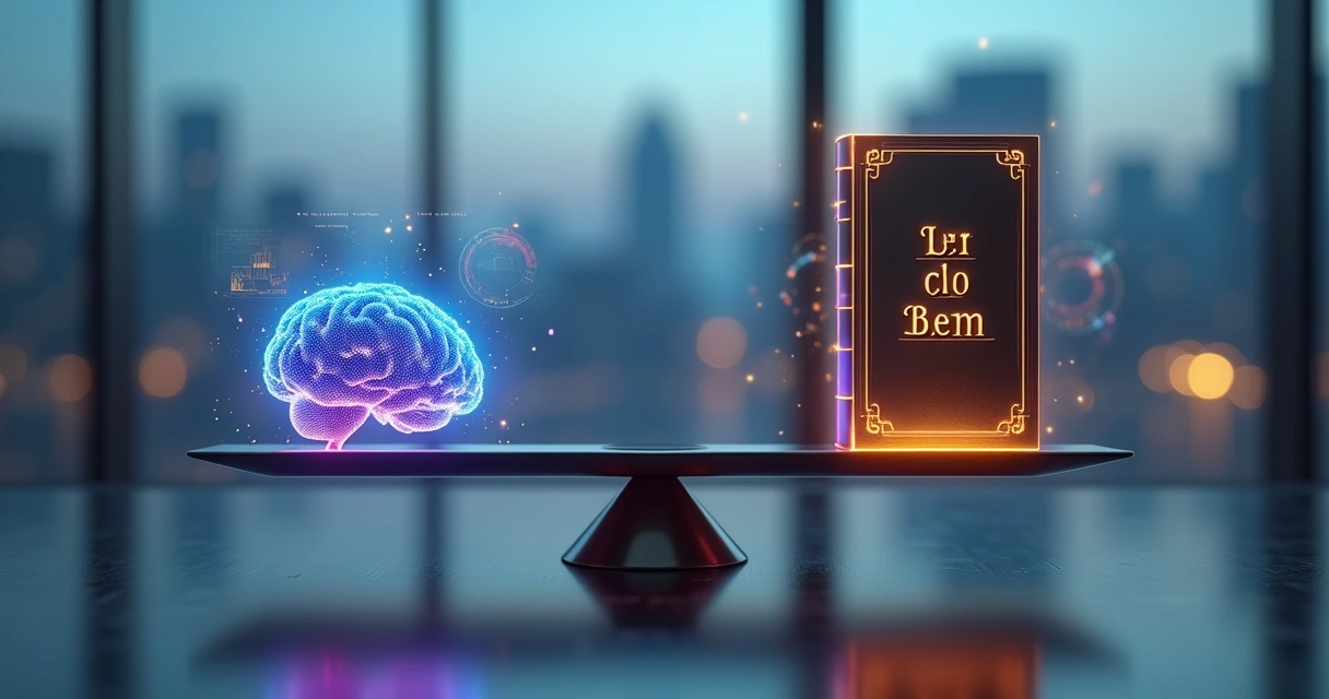 Balança digital futurista equilibrando cérebro de IA e símbolo de lei