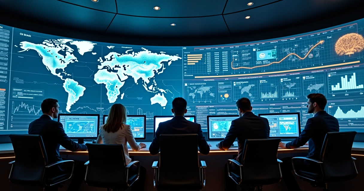 Painel de controle operacional com mapas, gráficos e interface de IA em grande tela