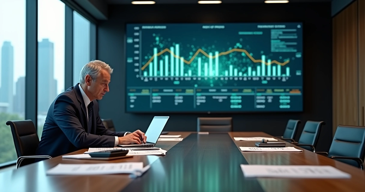 CFO analisa projeções de ROI em sala de conselho com gráficos de automação por IA