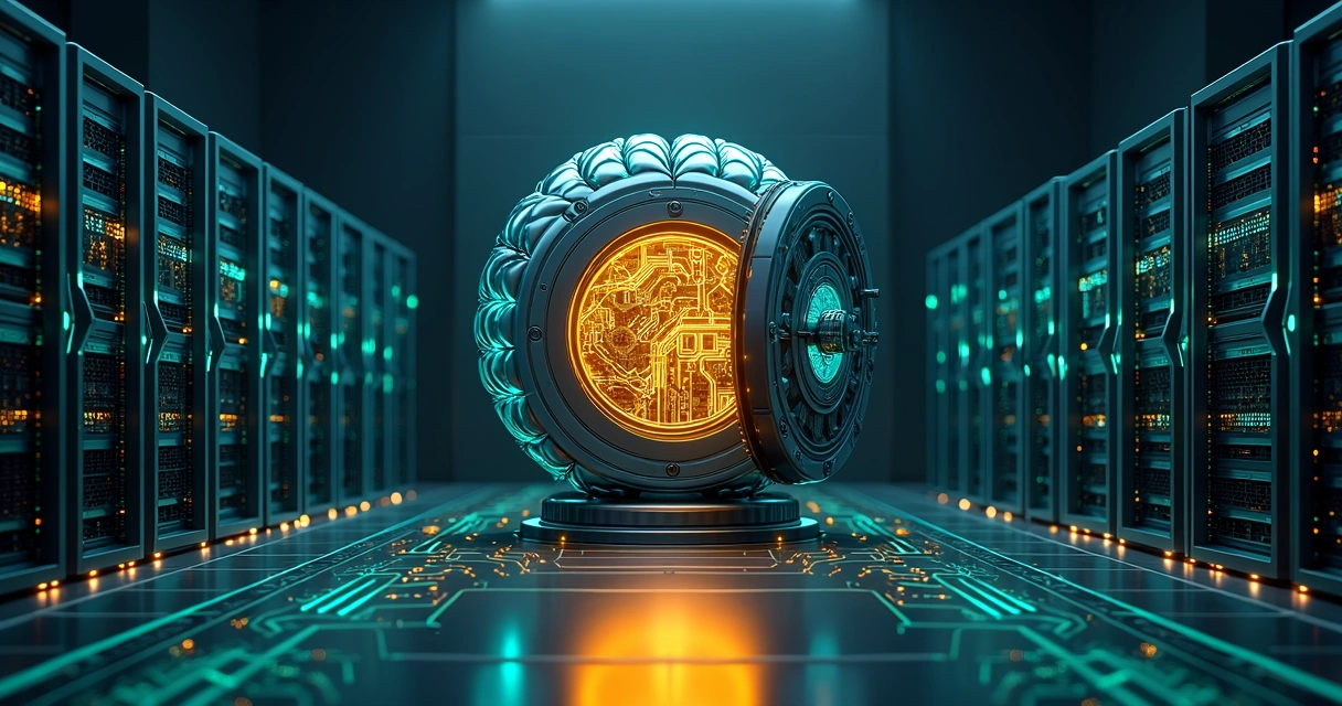 Cofre digital brilhante protegendo dados conectados a infraestrutura de IA privada