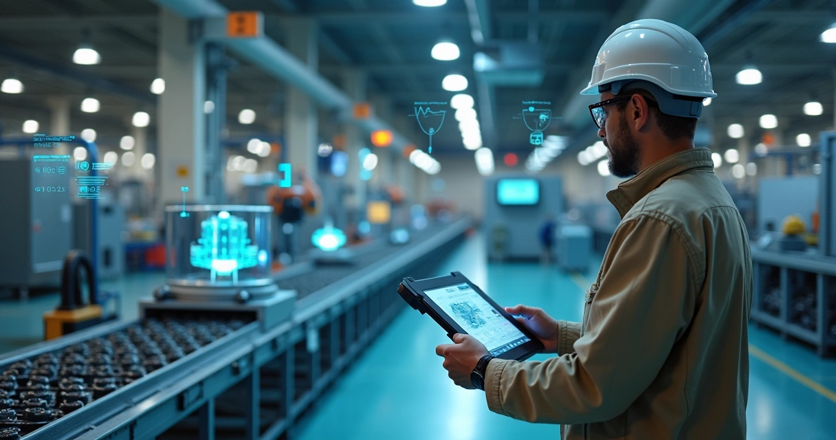 Engenheiro em fábrica analisando peça com tablet conectado a sistema de IA