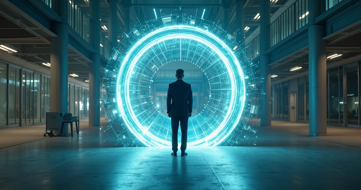 executivo-frente-portal-ia-626.webp Executivo observa portal de tecnologia com símbolos de dados e inteligência artificial