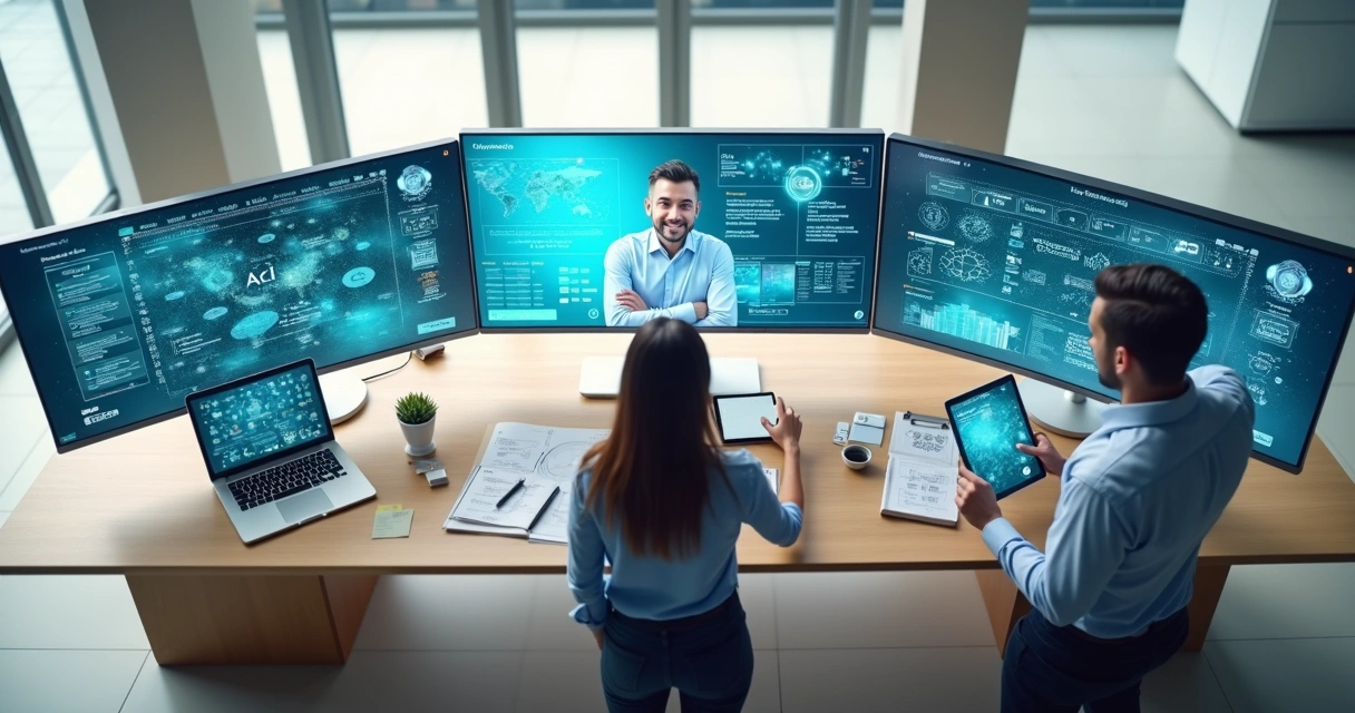 fornecedores-ia-pmes-conceito-312.webp Representação visual de pequenas empresas escolhendo fornecedor de soluções de IA em cenário corporativo digital