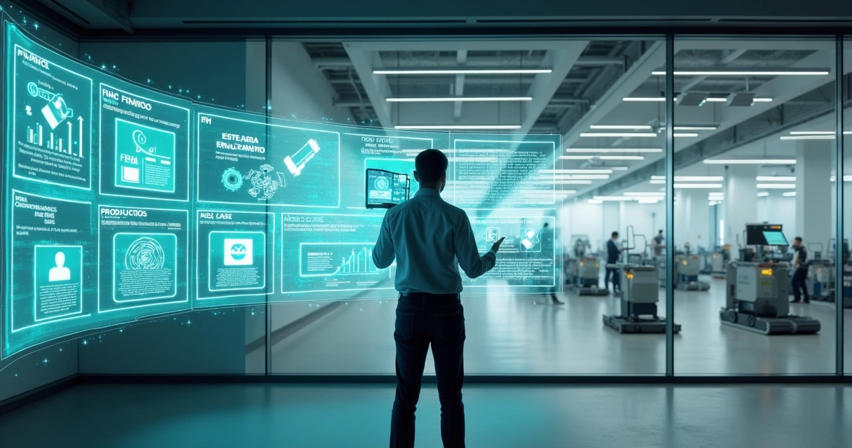 Gestor analisa painel de ERP Protheus integrado a fluxos de automação com IA em cenário industrial moderno