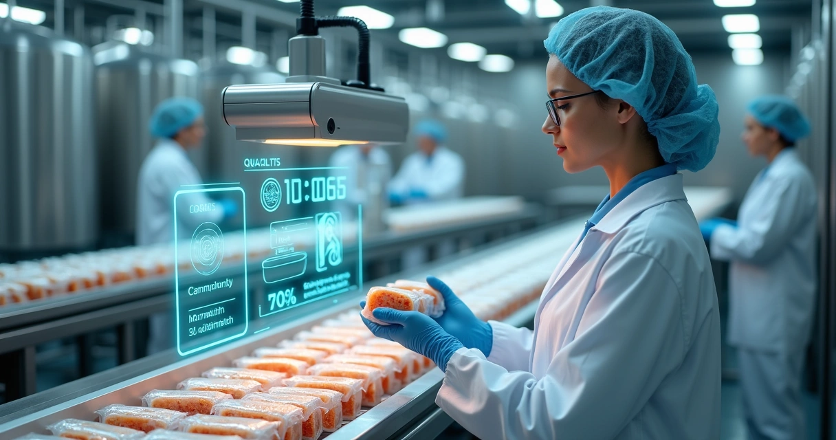 Engenheira examina embalagem de alimento em fábrica com interface de IA projetada