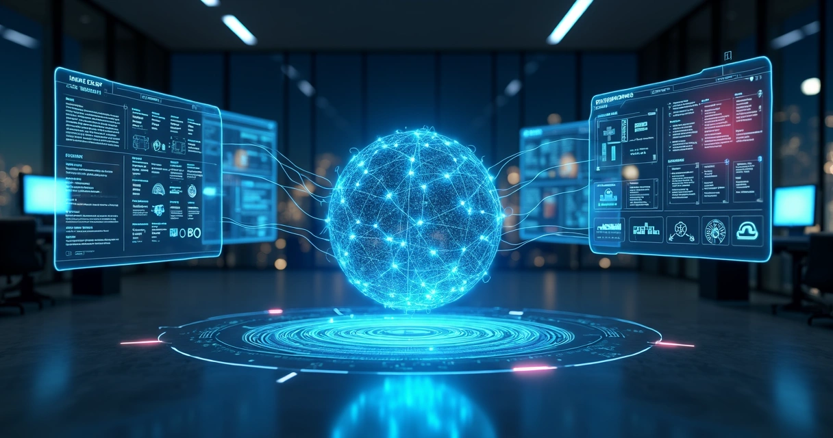 integracao-ia-erp-crm-saas-436.webp Fluxos digitais conectando ERP CRM e softwares em nuvem com núcleo de IA ao centro