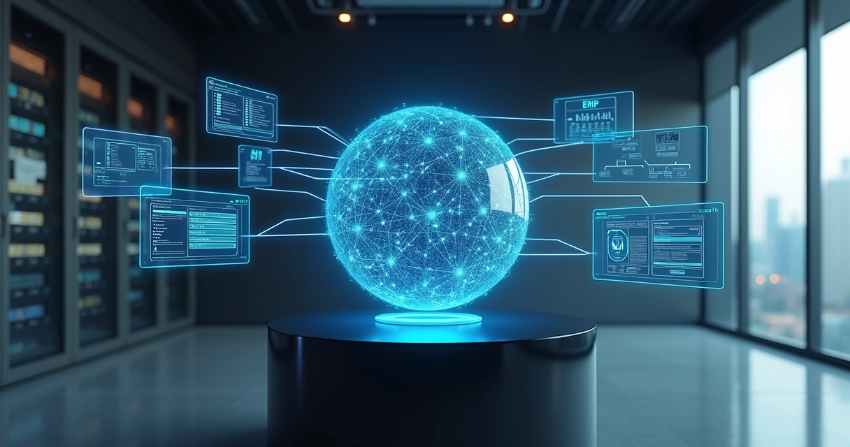 Representação visual de agente de IA conectado a múltiplos sistemas corporativos em um data center moderno