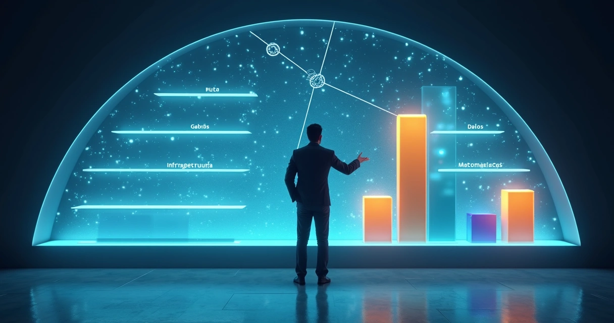 investimento-projeto-ia-balanco-custos-469.webp Analista organiza blocos de custos de projeto de IA em prateleiras digitais futuristas
