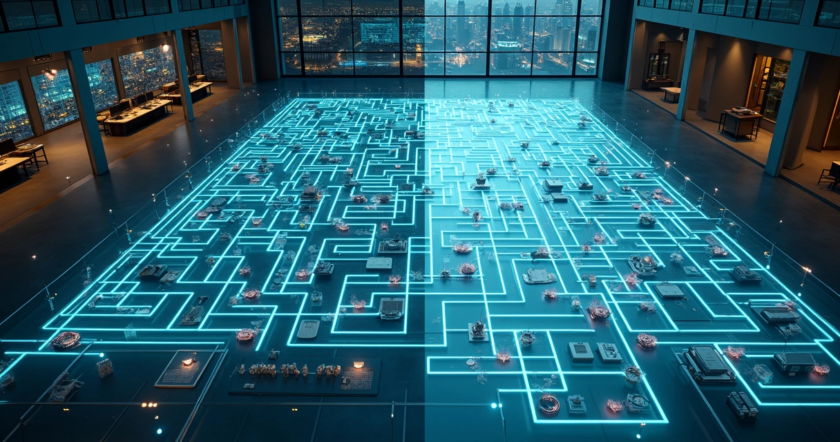 Visão aérea de um labirinto de processos corporativos sendo reorganizado por IA