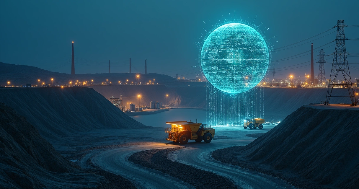 mina-energia-ia-noturno-797.webp Complexo de mineração e energia à noite com dados de IA flutuando ao redor