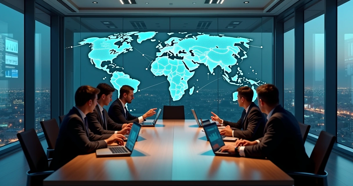 reuniao-consultoria-ia-empresas-154.webp Executivos em reunião avaliando mapa do Brasil com redes de inteligência artificial em destaque