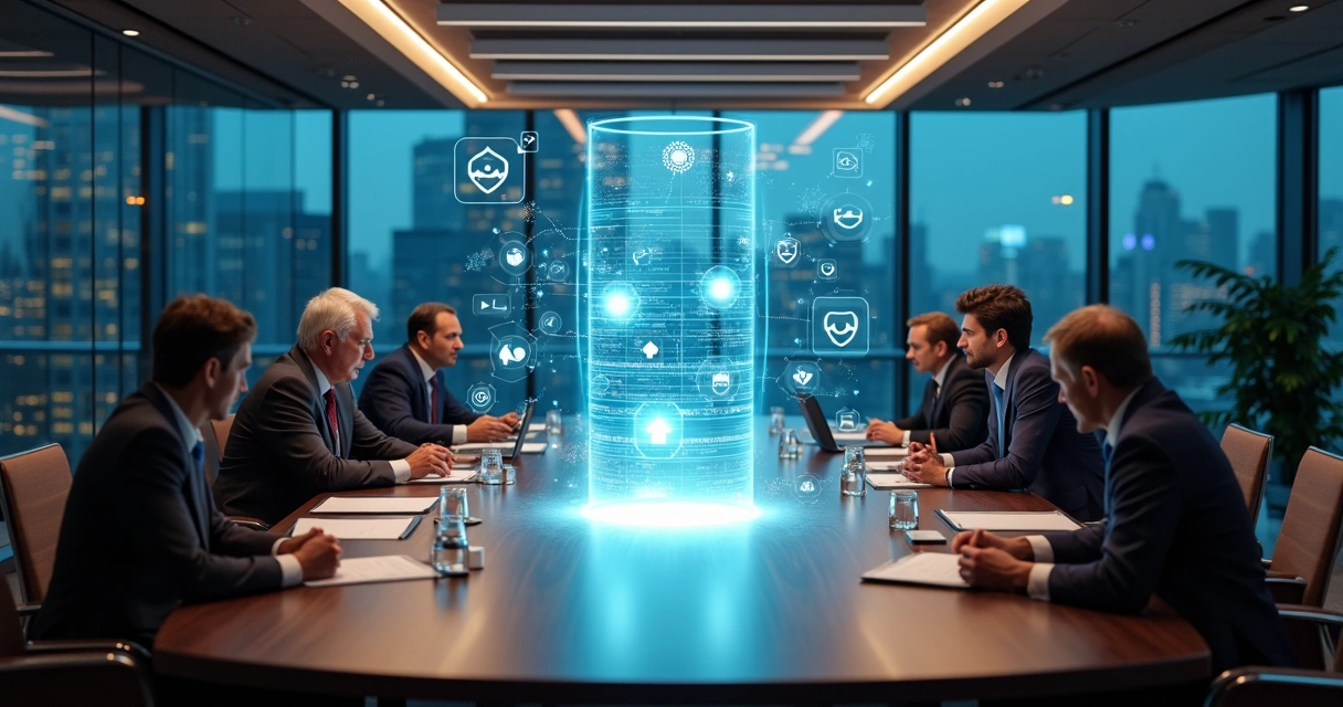 Conselho define diretrizes de governança de IA com visualização digital ao fundo