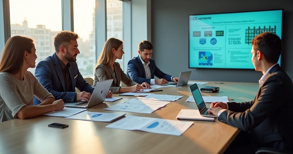 Equipe empresarial analisando projeto de IA com documentos fiscais sobre a mesa