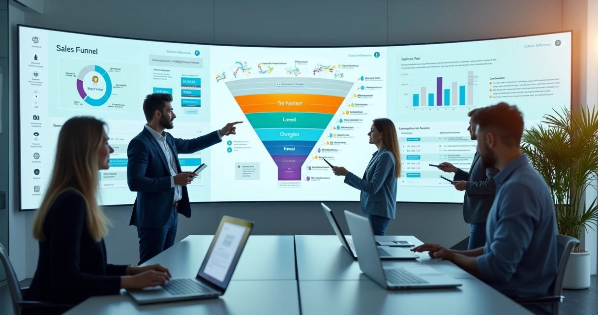 Equipe comercial observando quadro digital com funil de vendas automatizado