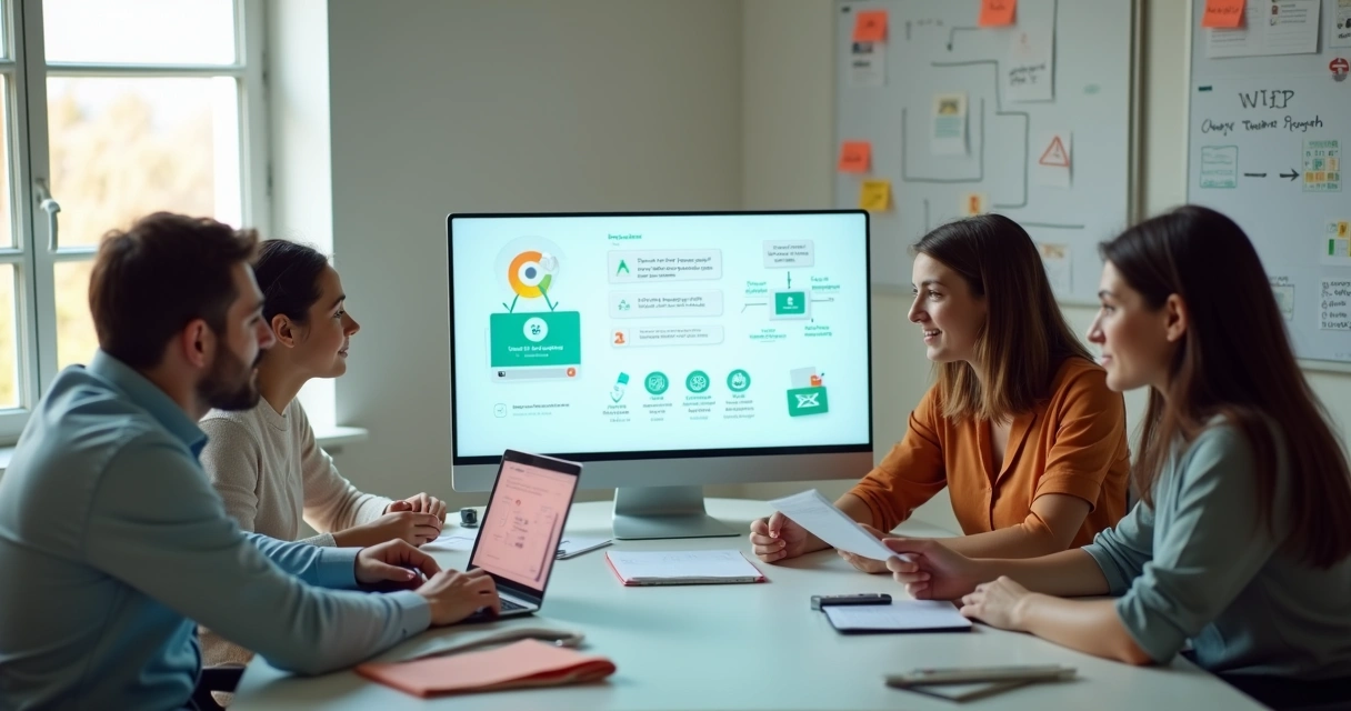Pequena equipe de escritório usando ferramentas de IA simples em telas coloridas