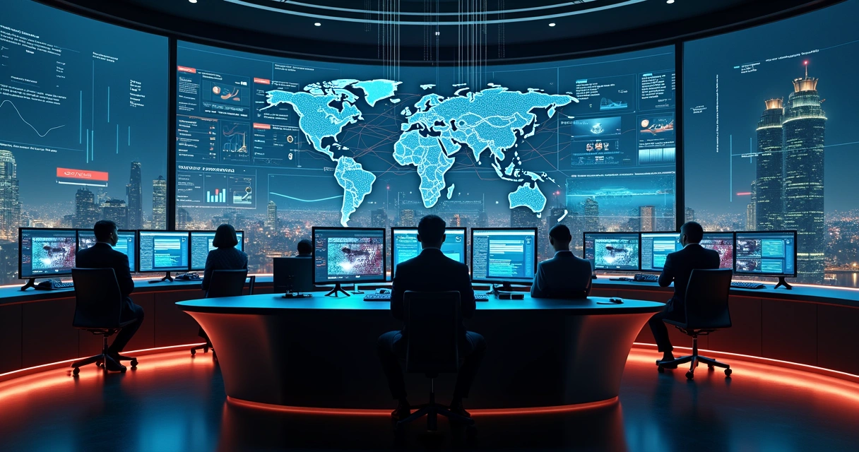 Sala de controle corporativa com painéis de Oracle ERP integrados a fluxos de IA
