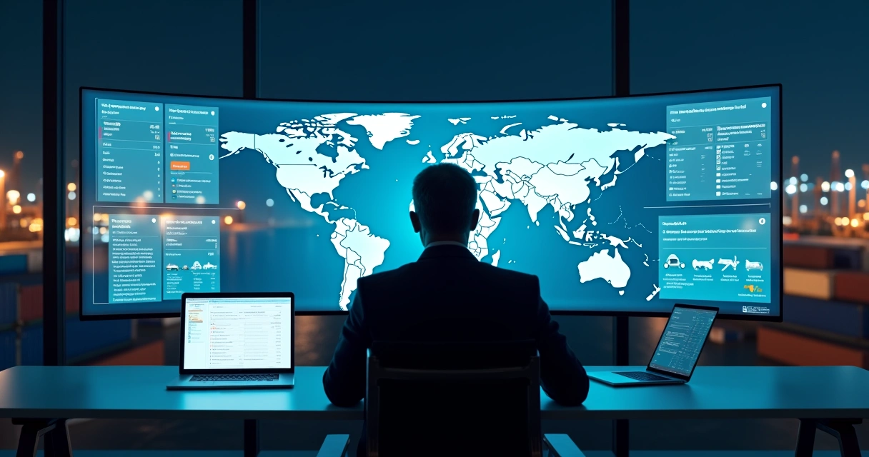 Gestor de comércio exterior analisando documentos digitais com painel global de IA
