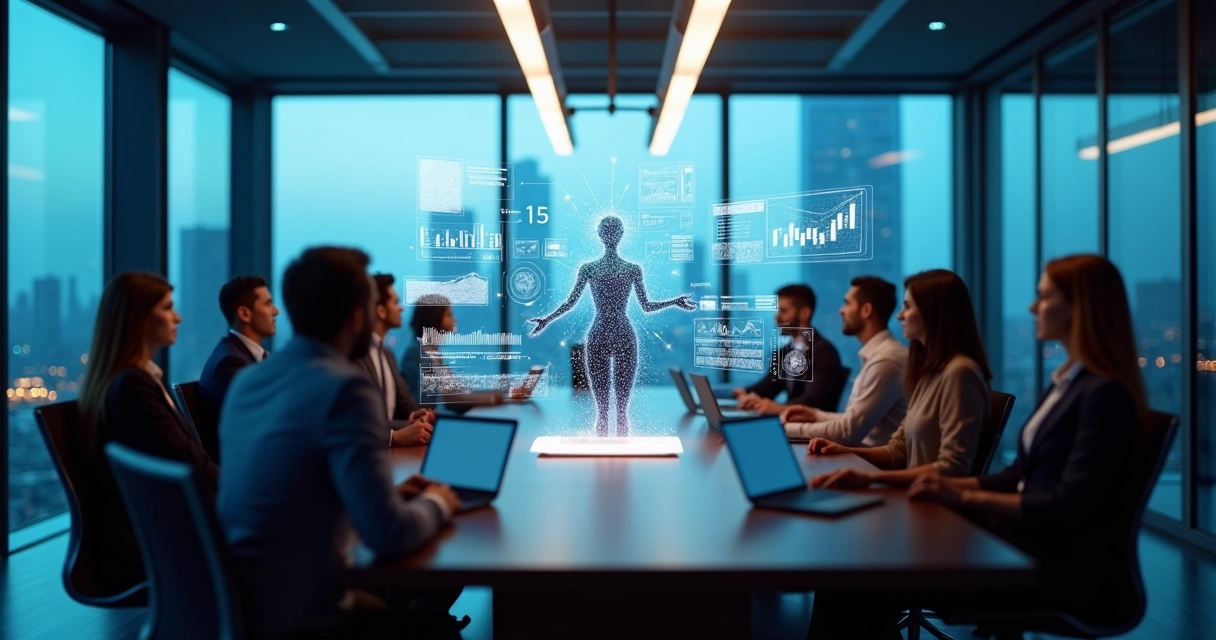 Gestores avaliando agente de IA holográfico integrado ao Dynamics 365 em reunião