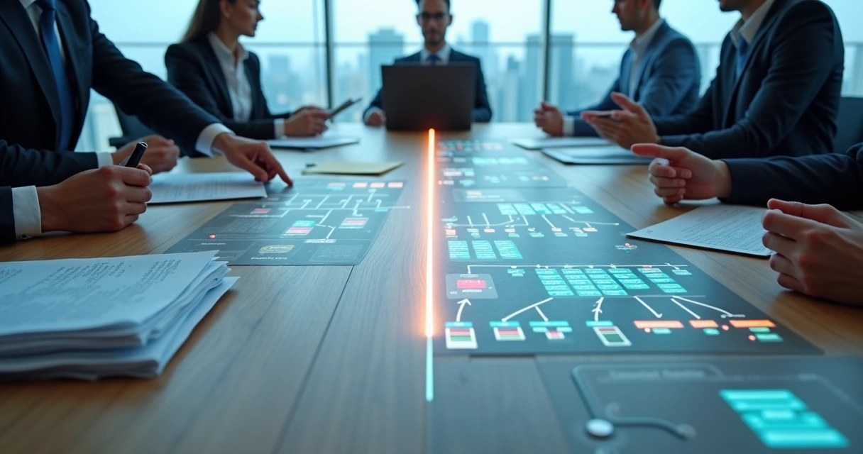 agente-ia-vs-rpa-escritorio-494.webp Comparação visual entre fluxo rígido de RPA e fluxo flexível de agente de IA em mesa de escritório corporativo