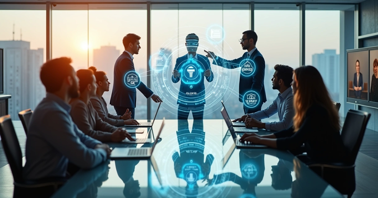 centro-servicos-compartilhados-ia-colaboracao-758.webp Sala de CSC com equipe colaborando e holograma de processos conectados por IA