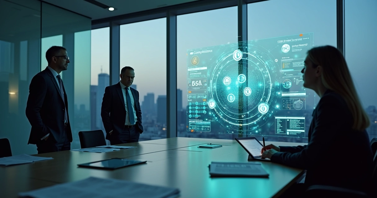 CISO e responsável por compliance avaliando painel de risco de IA corporativa