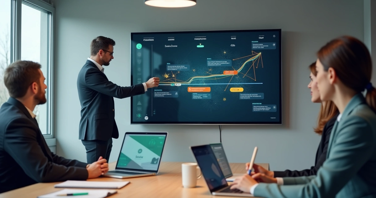 Gestor ajustando cronograma digital de piloto de automação com IA em escritório moderno