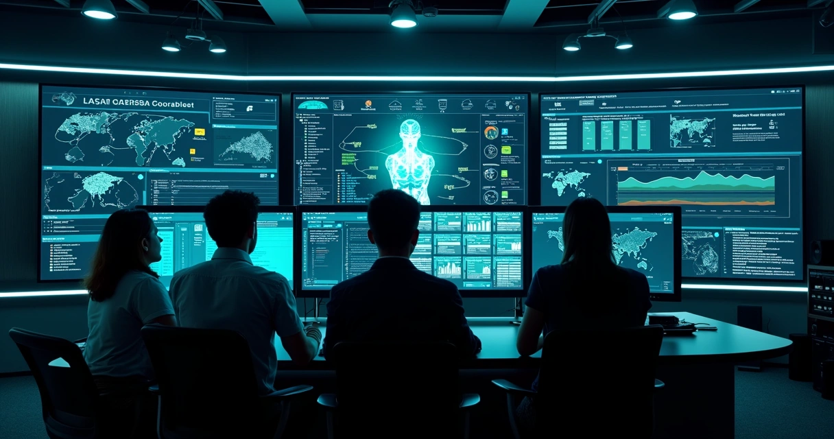 Equipe técnica observando estação de monitoramento de agente de IA à noite
