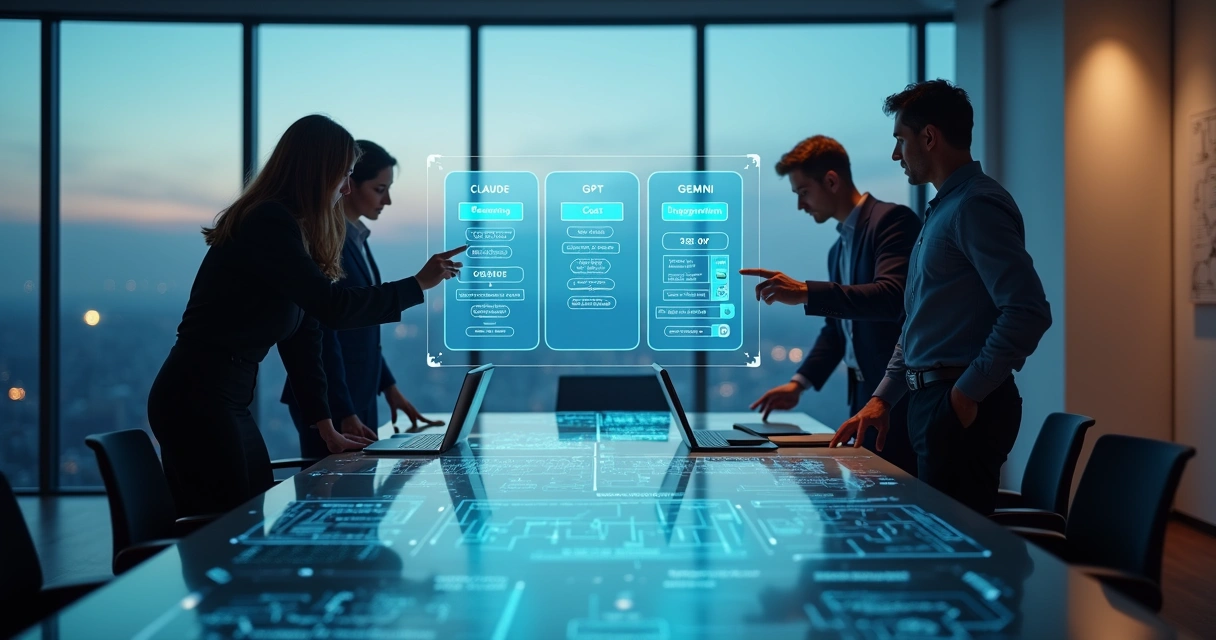 Executivos analisam painéis digitais comparando três modelos de IA para automação empresarial