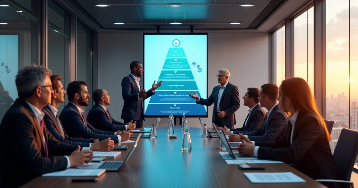 executivos-reuniao-framework-maturidade-ia-223.webp Diretores analisam framework visual de maturidade de IA em reunião estratégica
