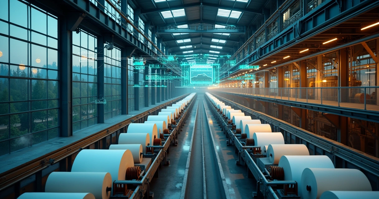 Vista aérea interna de fábrica de papel com esteiras e controles digitais de IA