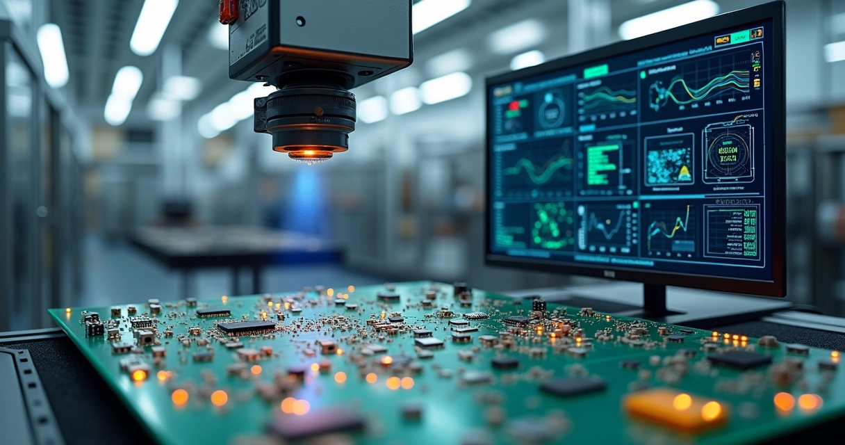 Placa eletrônica sendo inspecionada por sistema de IA em fábrica de alta tecnologia