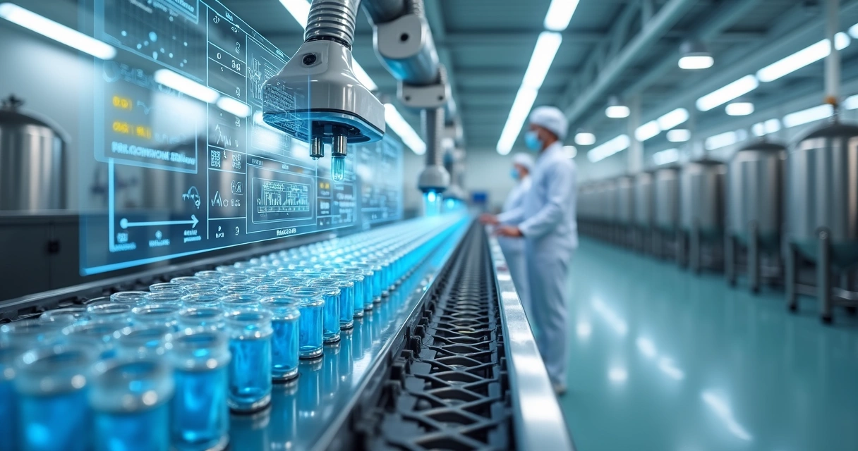 Sala limpa farmacêutica com braço robótico analisando frascos sob painel de IA