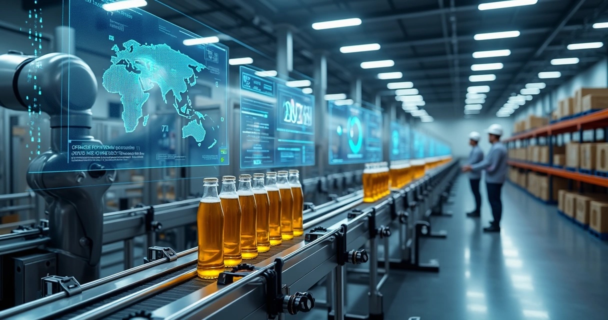 Linha de envase de bebidas com robôs e painéis de dados de IA ao fundo