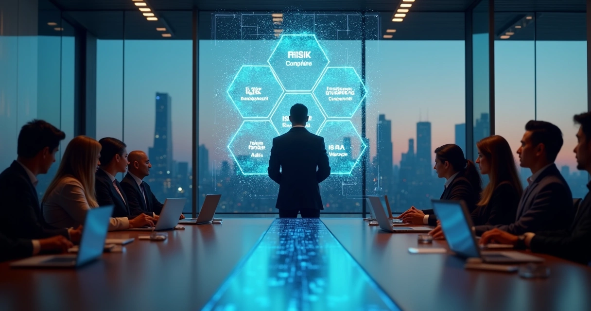 Diretora revisa painel digital com fluxos de governança e normas de IA