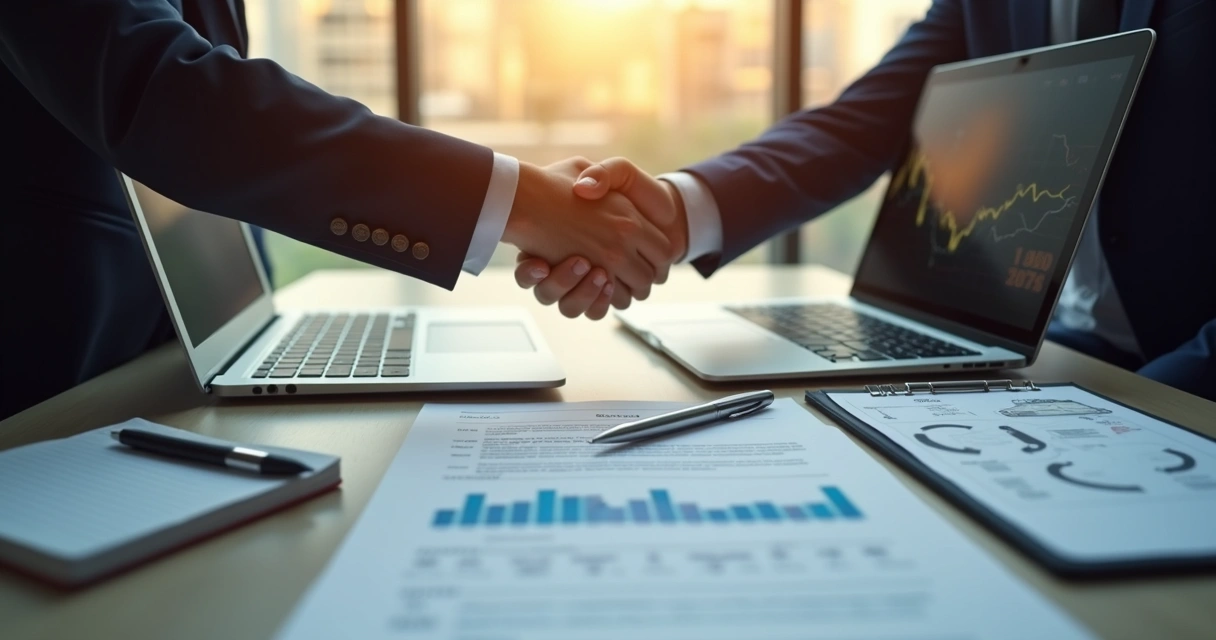 parceria-ia-contrato-12-meses-393.webp Dois profissionais empresariais apertam as mãos sobre mesa com contrato de parceria de IA de longo prazo