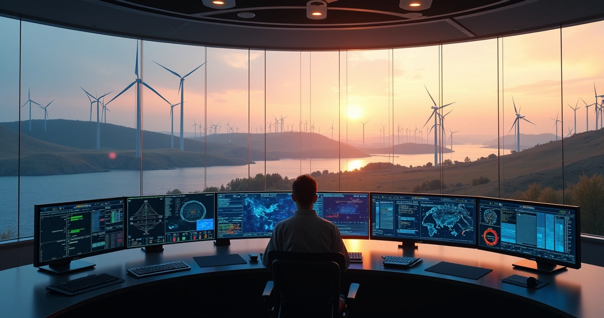 Centro de controle digital monitorando parque eólico e usina solar ao entardecer