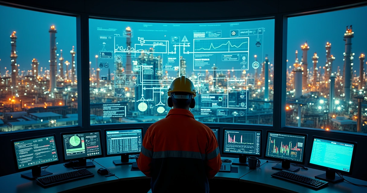 Engenheiro em planta química monitora painel digital com IA sobre tanques e tubulações