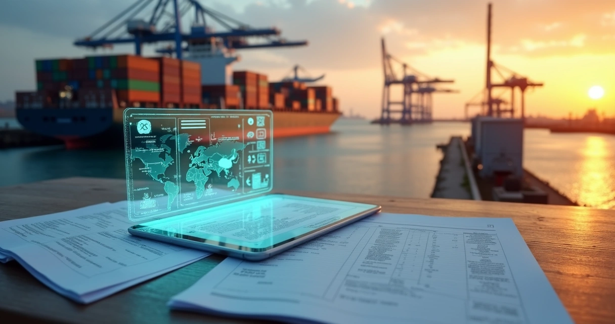 Navio cargueiro com contêineres agrícolas e interface de IA mostrando certificações fitossanitárias