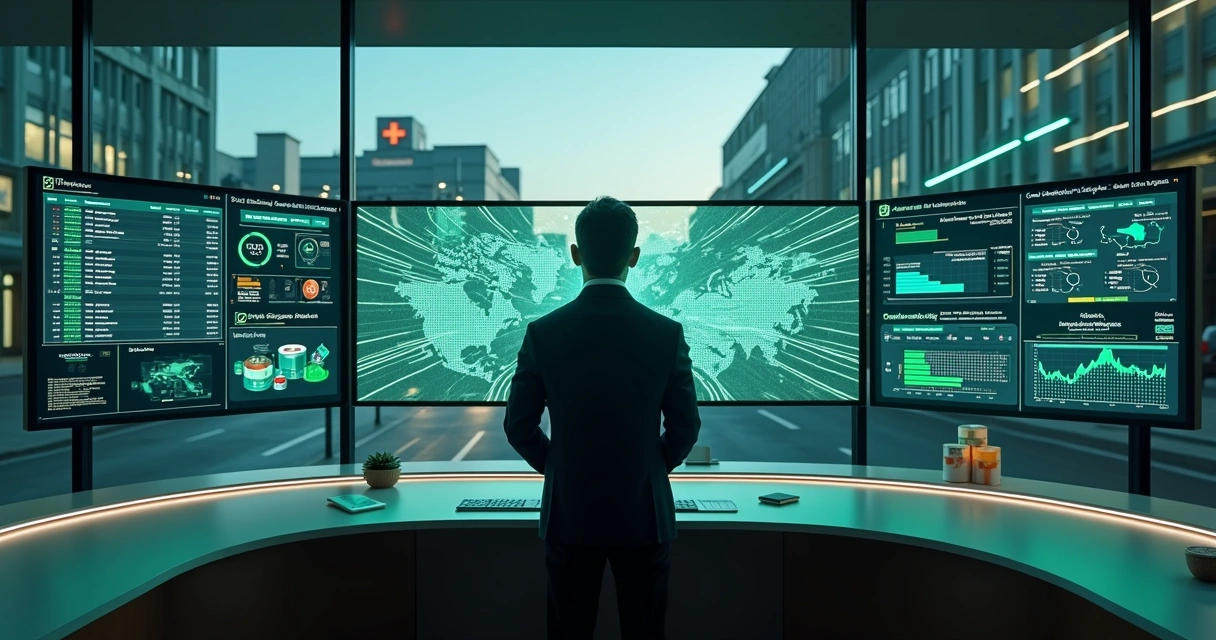 Gestor observa mapa digital de rede de farmácias com dados de estoque e atendimento por IA